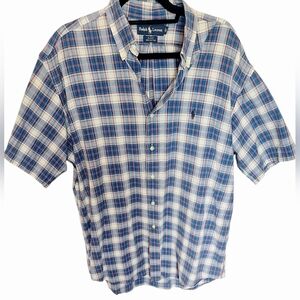Ralph Lauren Men's Casual Blue and White Plaid Shirt - L